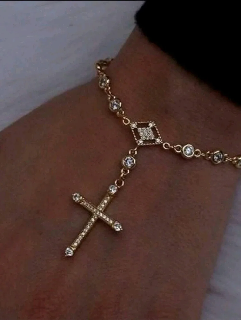 Gold Cross Charm Bracelet with Clear Stones